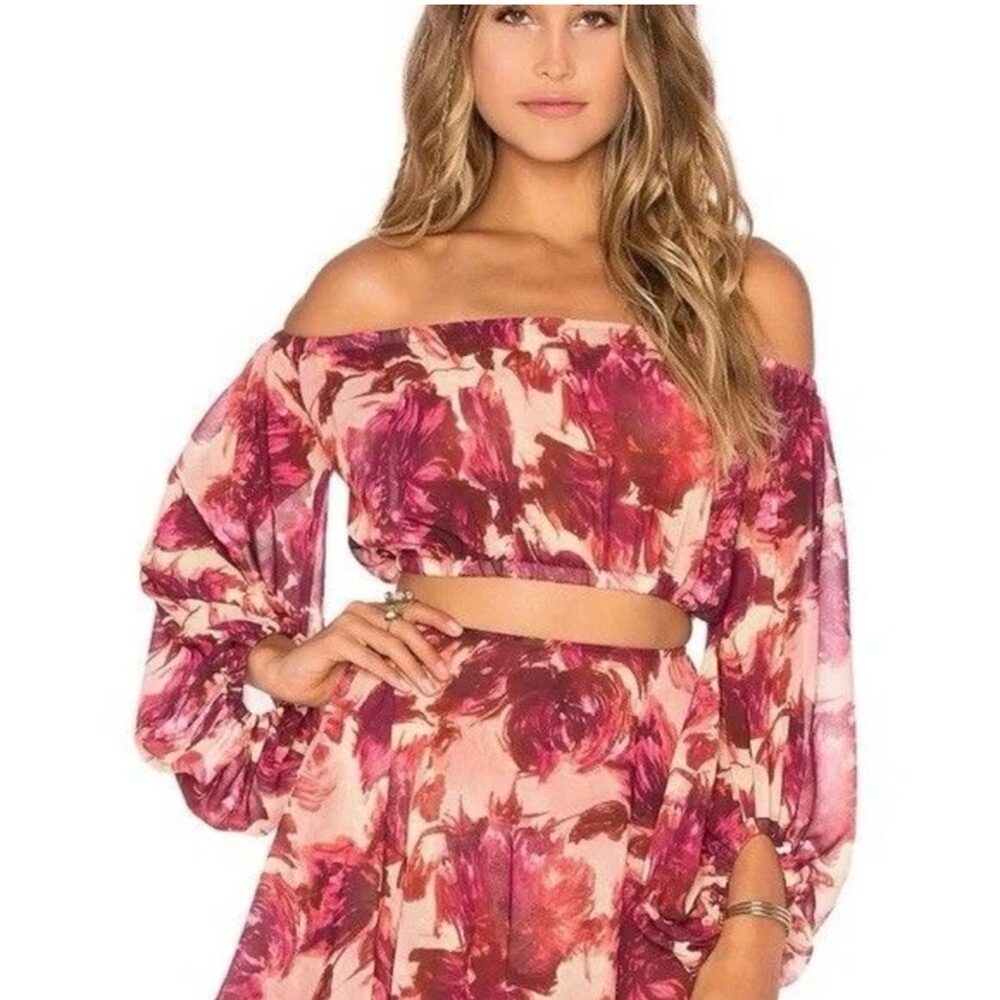For Love & Lemons Red Orange Yellow Wild Rose Floral Off the Shoulder Crop Top